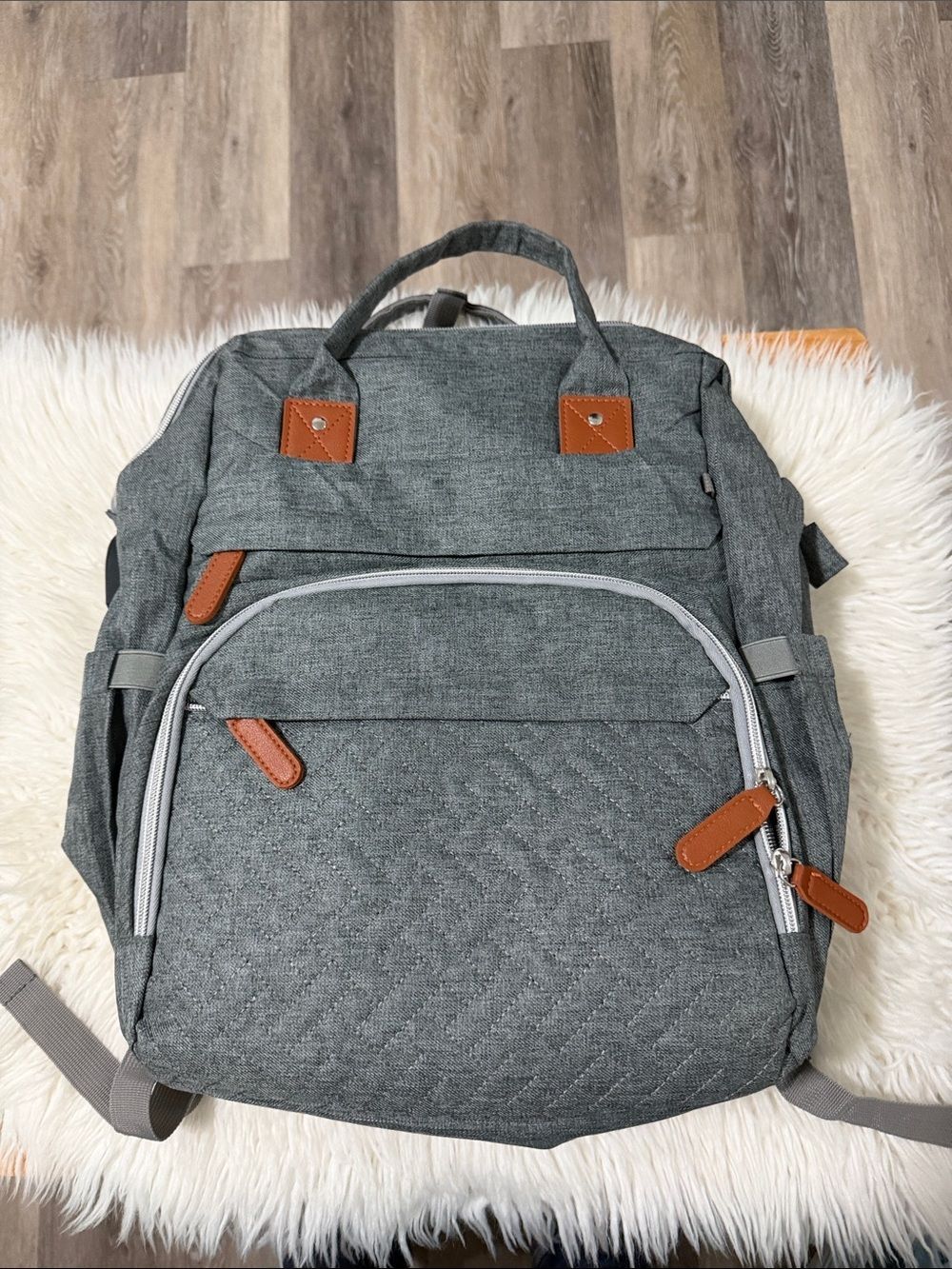Heather Gray Quilted Backpack with Leather Accent